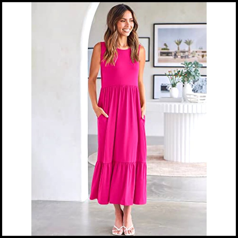Sleeveless Maxi Dress with Pockets, Elastic Waist, Tiered Design, Rayon Blend - Picture 3 of 7